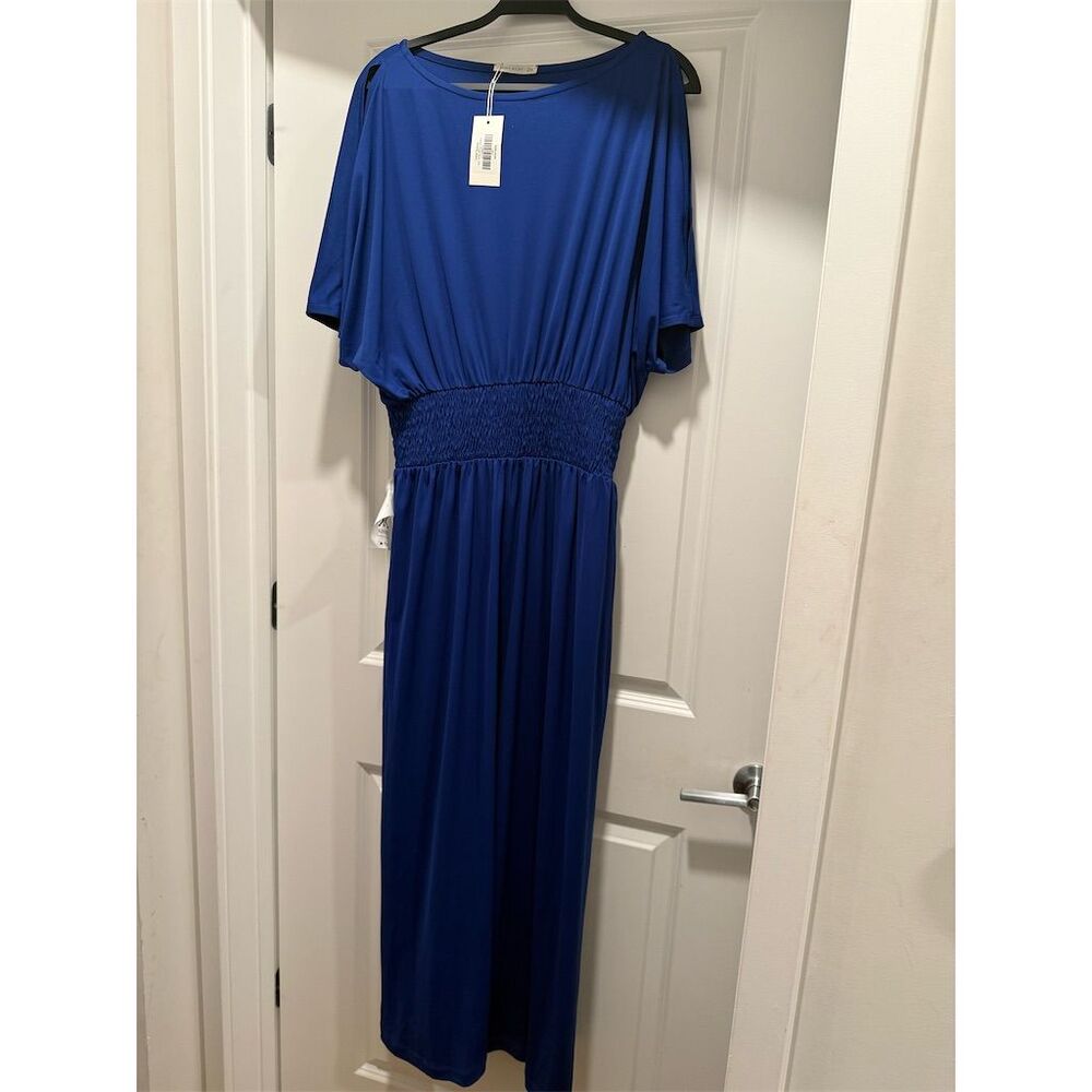 KOH KOH Women's 2X Blue Maxi Dress Shirred Waist Short Sleeve
